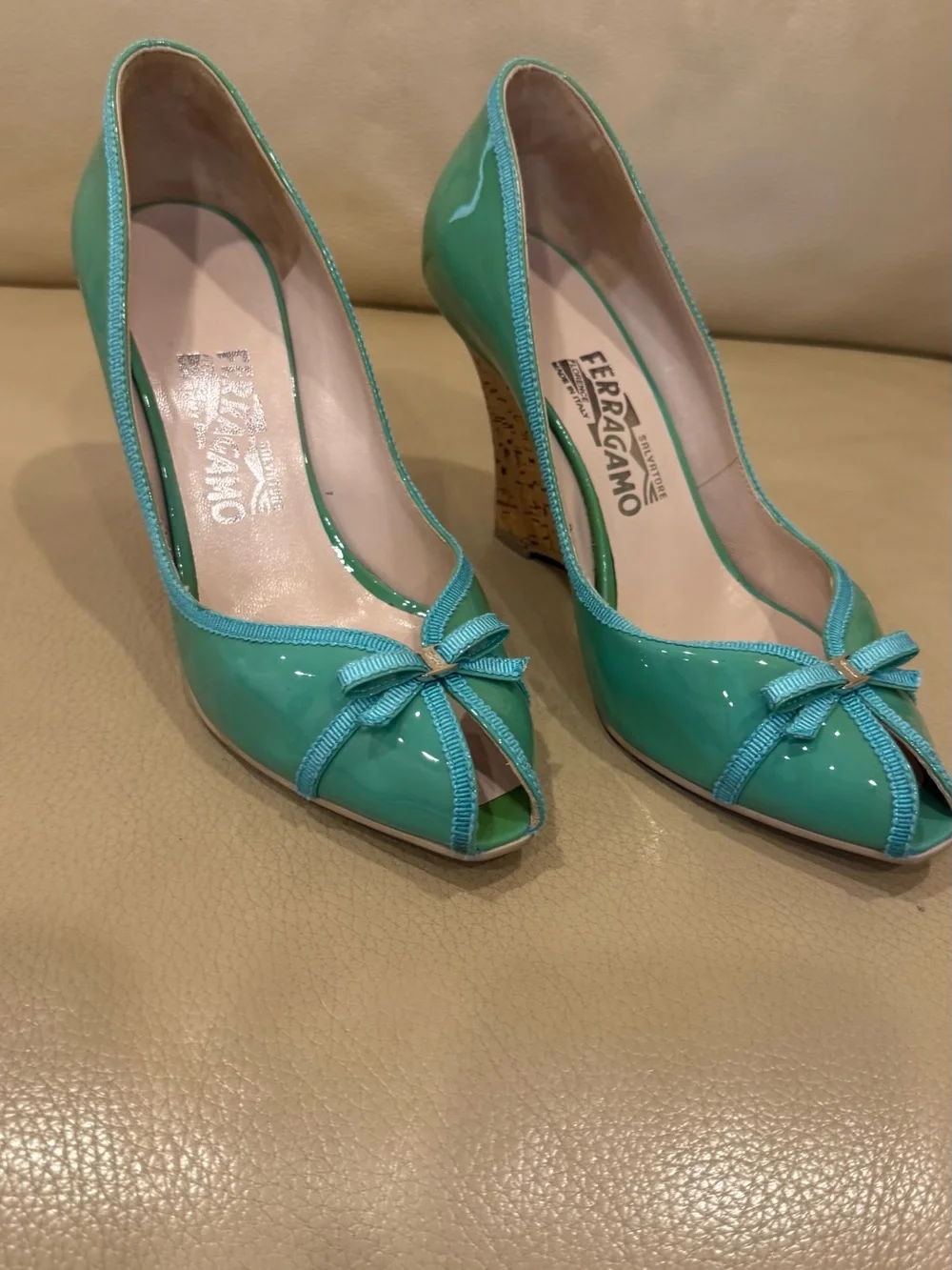 Salvatore Ferragamo Mint Green Patent Peep-Toe Pumps with Bow Accent